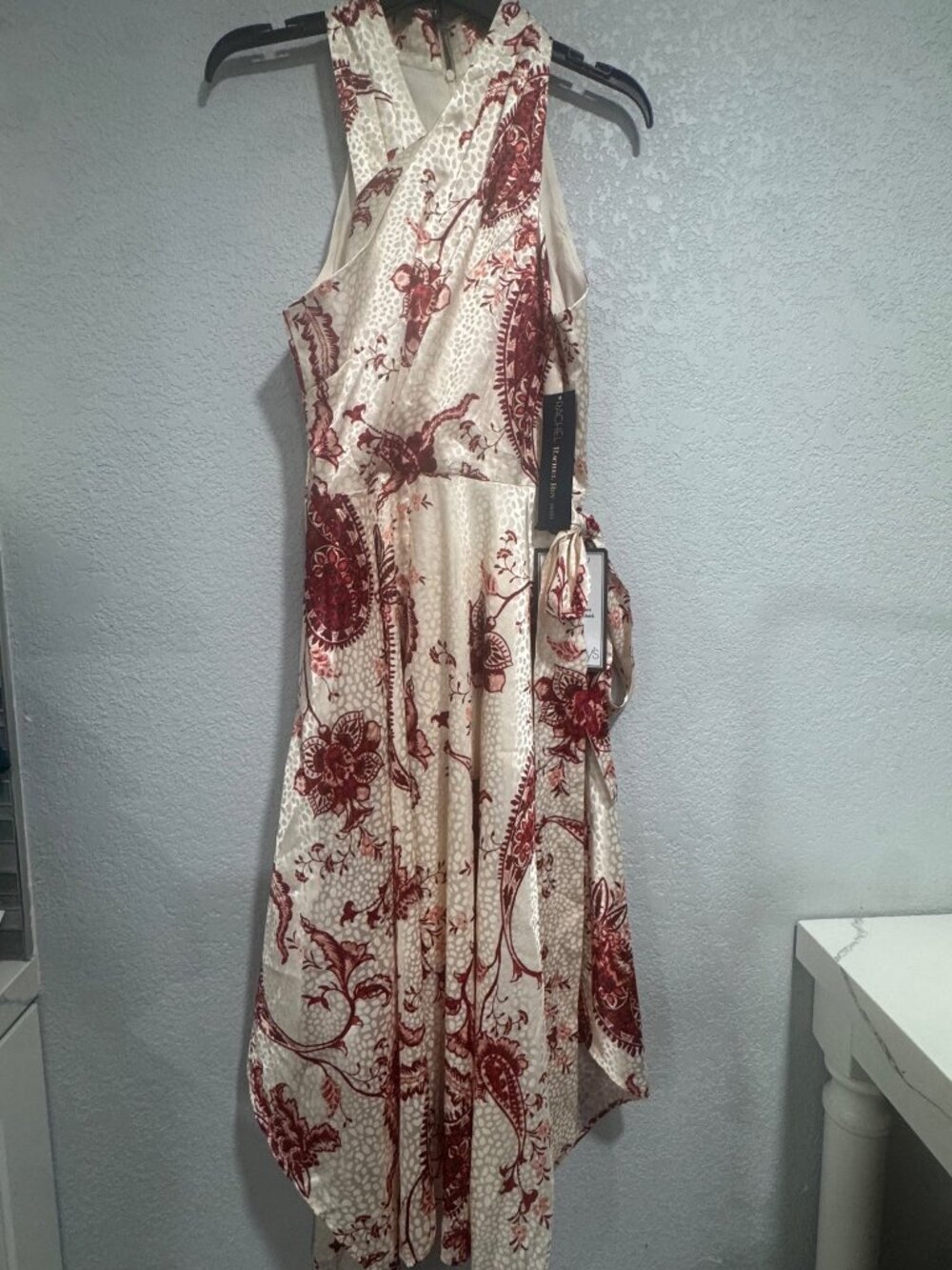 Rachel Roy Light Beige & Red Floral Handkerchief Hem Midi Dress Size 2 - Picture 5 of 8